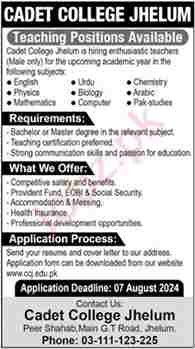 Latest Cadet College Jhelum Jobs 2024-Apply Online