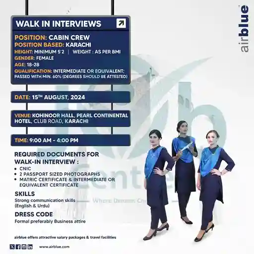 Latest Airblue Cabin Crew Jobs 2024 Walk in Interview