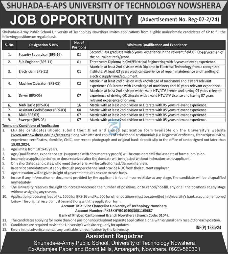 Latest Shuhada E APS University of Technology Nowshera Jobs 2024-Apply