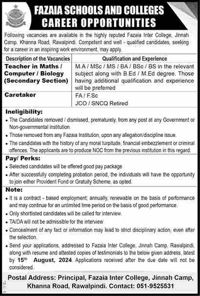 Latest Fazaia Schools & Colleges Rawalpindi Jobs 2024 Apply for Males