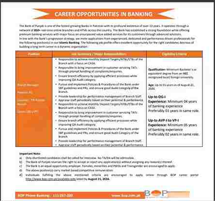 Latest BOP Bank of Punjab Jobs 2024 Advertisement