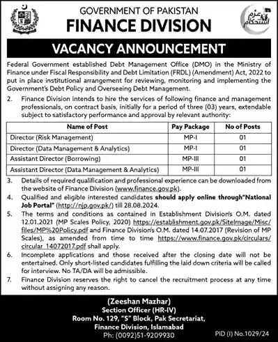 Government of Pakistan Finance Division Jobs 2024-Apply Online