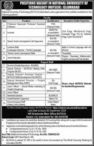 Latest National University of Technology Jobs 2024-NUTECH Careers