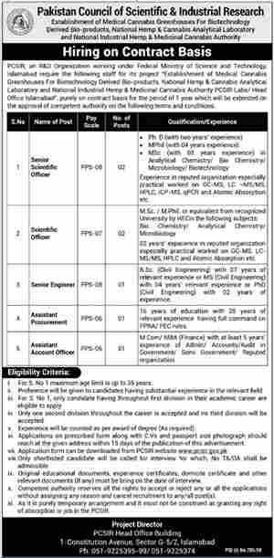 Latest Pakistan Counsil of Scientific & Industries Research Islamabad Jobs 2024