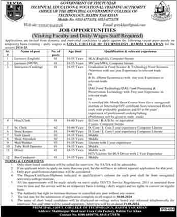 Latest Technical Education & Vocational Training Authority TEVTA RYK Jobs 2024