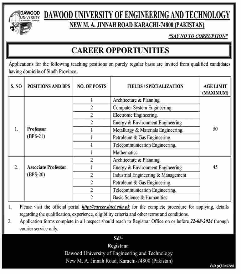 New Dawood University of Engineering & Technology Karachi Jobs 2024-Apply Online
