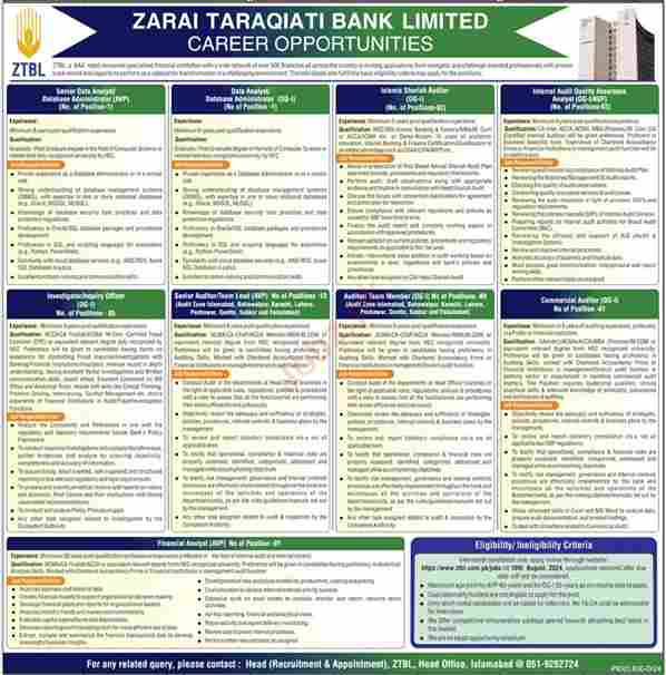 Latest Zarai Taraqiati Bank Limited Jobs in Islamabad 2024